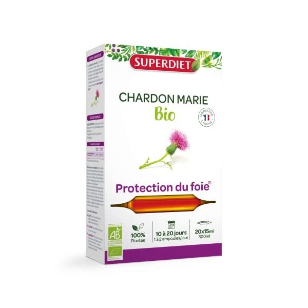 SUPERDIET - CHARDON MARIE BIO - Protection du foie - 100% Pur jus - Fabrication française -20 ampoules de 15ml