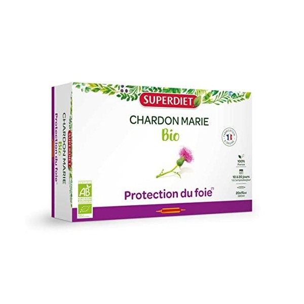 SUPERDIET - CHARDON MARIE BIO - Protection du foie - 100% Pur jus - Fabrication française -20 ampoules de 15ml