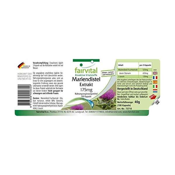 Fairvital | Extrait de chardon Marie 175mg VEGANs - 100 caps - normalisé à 80% de silymarine