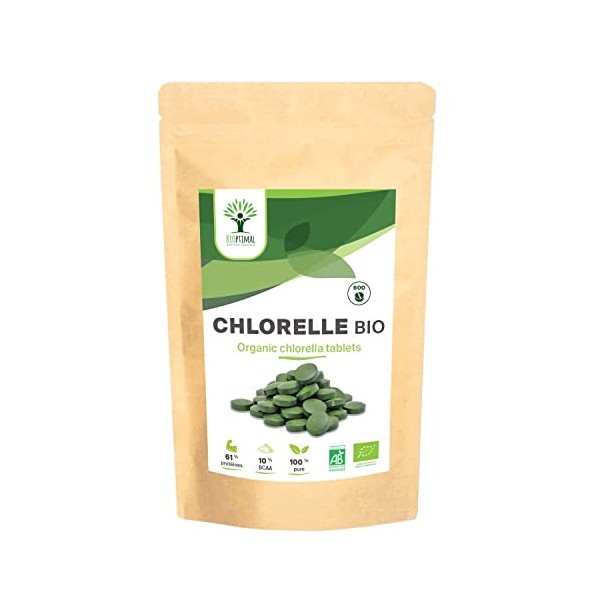 Chlorella Bio - Bioptimal - Complément Alimentaire - Protéine Vitamine B12- Poudre Chlorelle Pure - Compressé à froid - 500mg...