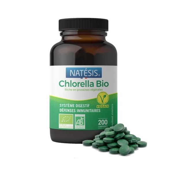 NATESIS - Chlorella BIO et Vegan - 200 Comprimés - 100% Chlorelle Pure Sans Additifs - Riche en Vitamines B12, Protéines et F