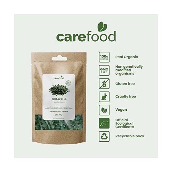 Carefood - Chlorelle Bio - 300 Comprimés Cure 100 jours - Superfood 100% Biologique - Micro Algue Chlorella Naturel Adaptée a