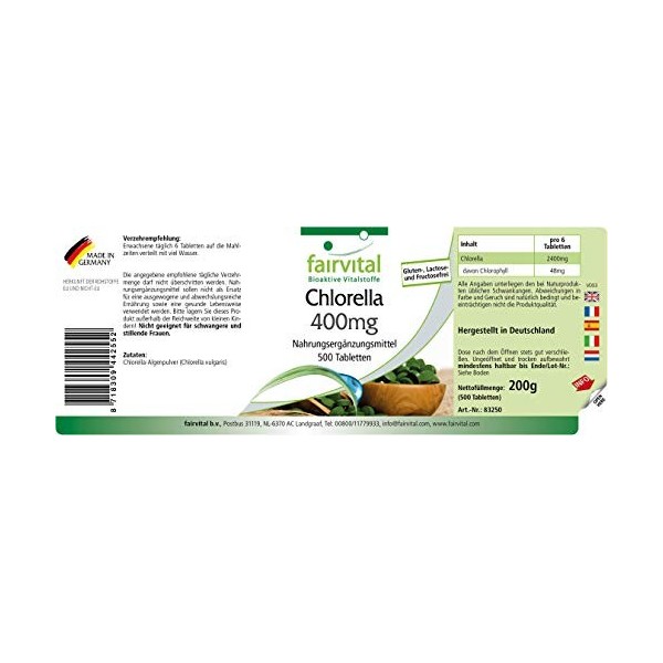 Fairvital | Chlorella 400 mg - 80 jours de cure - VEGAN - Hautement dosé - 500 comprimés - 100% poudre de chlorella Chlorell