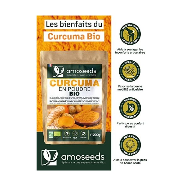 Curcuma en Poudre Bio 200G | 3% Curcumine | Articulations, Mobilité, Digestion, Peau | Qualité Supérieure