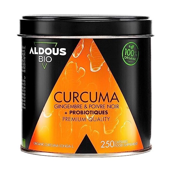 250 Gélules de Curcuma BIO + PROBIOTIQUES - Avec Gingembre et Poivre Noir | 1460mg par Jour pour 4 Mois | Source de Curcumine