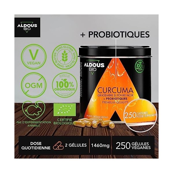 250 Gélules de Curcuma BIO + PROBIOTIQUES - Avec Gingembre et Poivre Noir | 1460mg par Jour pour 4 Mois | Source de Curcumine