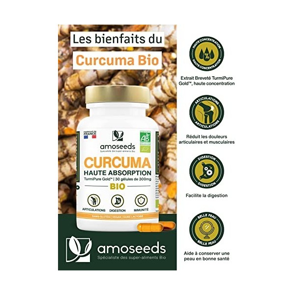 Curcuma BIO Breveté, Extra Fort | Haute Absorption x24 | 300mg par jour | Sans Pipérine, Sans Poivre | Articulations | 30 Gél