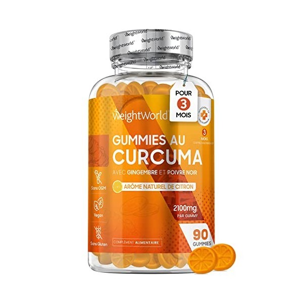 Gummies Curcuma 2100mg + Gingembre et Poivre Noir - 90 Gummies Vegan 3 Mois - Goût Citron - Extrait de Curcuma Contenant 95% 