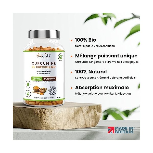 Curcuma Bio - Gelule Haute Teneur - 1440 mg par portion - Avec Poivre Noir Bio et Gingembre Bio - Certifié Biologique par la 