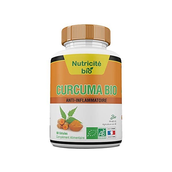 Curcuma Bio 90 gélules végétales–Anti-inflammatoire naturel – Efficace – Effets immédiats – Racines de Curcuma Longa pour sou