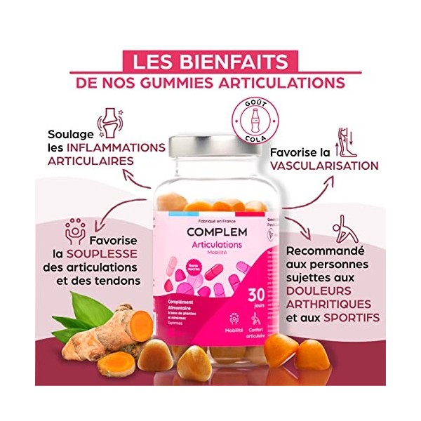 60 Gummies Articulations - Curcuma et Harpagophytum - Sans Sucres - Vegan - Fabriqué en France - Cure 1 mois - Goût Cola