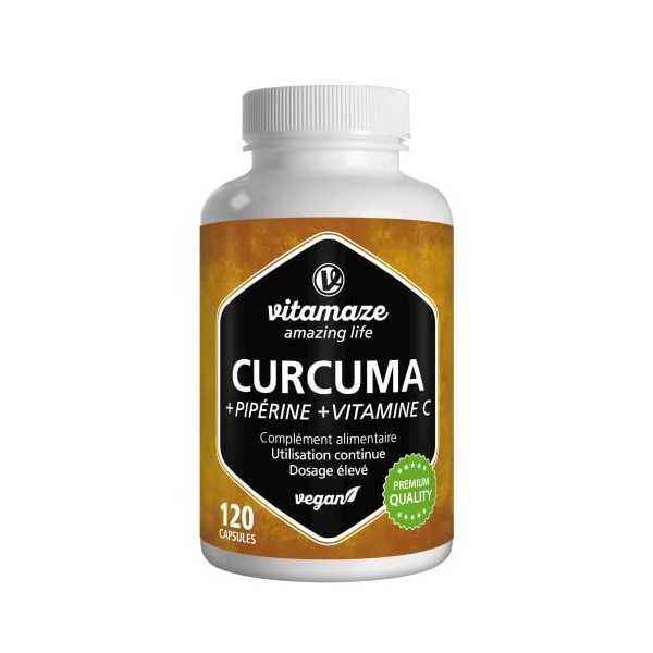 Curcuma Gélules 1440 mg - Avec Vitamine C + Pipérine - Natural Supplement pour Digestif et Articulations 95% Curcumin - 120 C