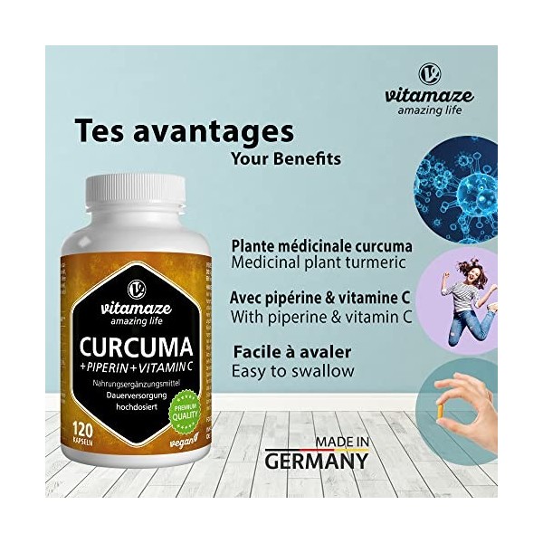 Curcuma Gélules 1440 mg - Avec Vitamine C + Pipérine - Natural Supplement pour Digestif et Articulations 95% Curcumin - 120 C