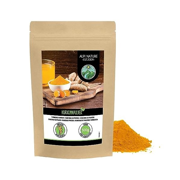 Poudre de curcuma 500g , curcuma 100% naturel, min 3% de curcuminoïdes testés en laboratoire, racine de curcuma séchée et mo