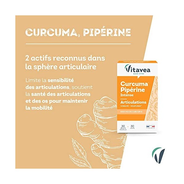 Vitavea - Complément alimentaire mobilité souplesse articulations - Curcuma Pipérine poivre noir - concentré en curcuma : 1