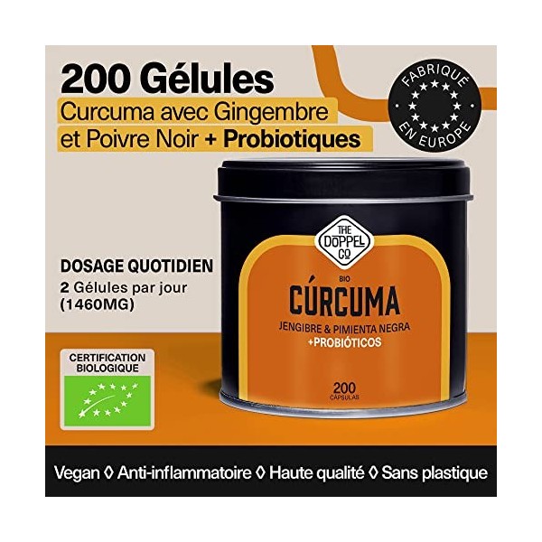 Curcuma Bio avec Gingembre et Poivre Noir | PROBIOTIQUES | 200 Gélules pour 100 Jours | 1460mg - Haute Dose | Antioxydant et 