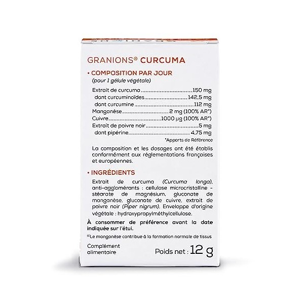 Curcuma GRANIONS | Complément alimentaire antioxydant | Curcuma 150mg avec Curcumine + Manganèse + Cuivre + Pipérine | Gelule