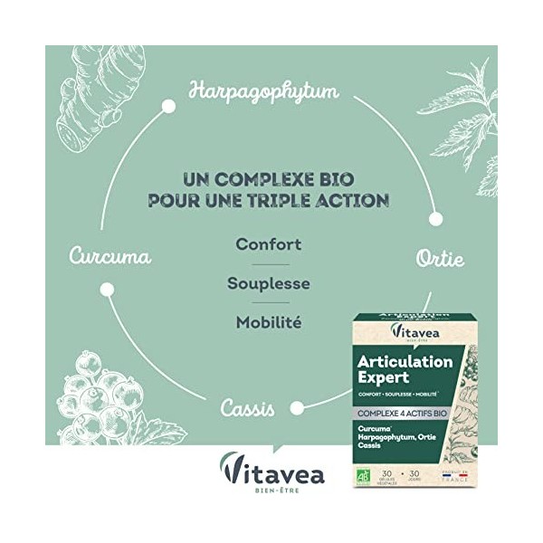 Vitavea Bien-être Articulation Expert - Complexe 4 Actifs Bio - 30 Gélules Végétales - Fabriqué en France