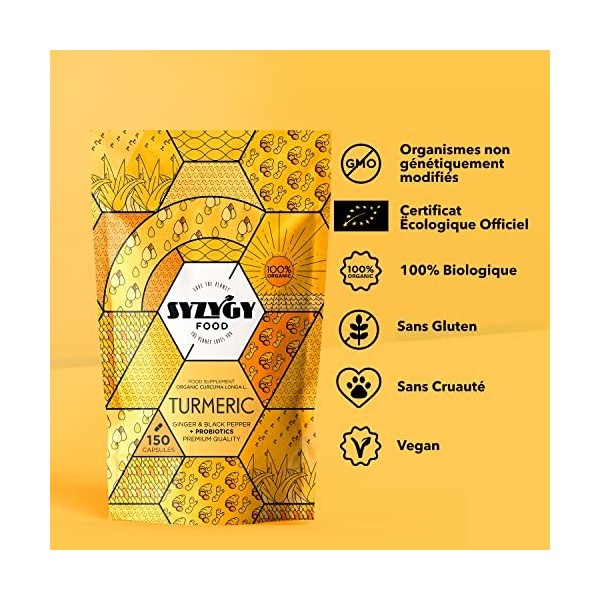 SYZYGY FOOD | Curcuma BIO au Gingembre, Poivre Noir + PROBIOTIQUES | 1520mg | 150 Gélules avec Curcumine Sans Excipients | An