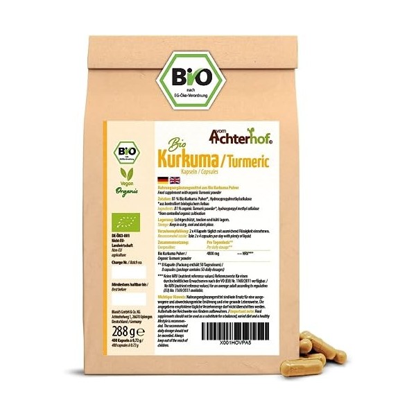 Capsules de curcuma bio en recharge | 400 pièces | 4800mg de curcuma par dose journalière | racine de curcuma fraîchement mou