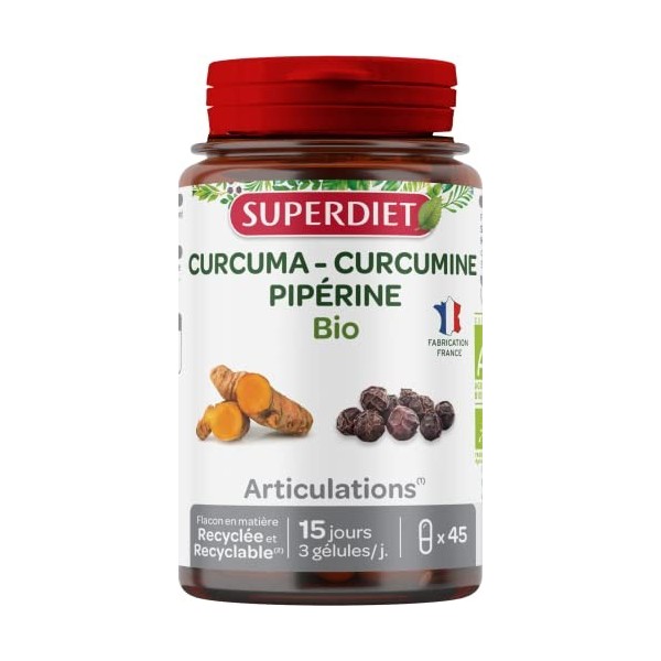 SUPERDIET - CURCUMA PIPÉRINE BIO - Articulations, Confort articulaire - Fabrication française - 45 gélules