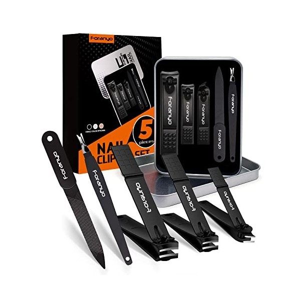 Foranyo Coupe-ongles professionnel 5 en 1 en acier inoxydable avec coffret cadeau Noir 