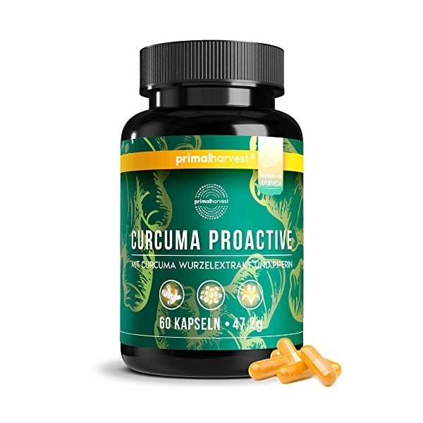 Primal Harvest® Curcuma Proactiv - 120 capsules de curcuma - Extrait de curcuma - Poudre de curcuma bio avec BioPerine - Caps