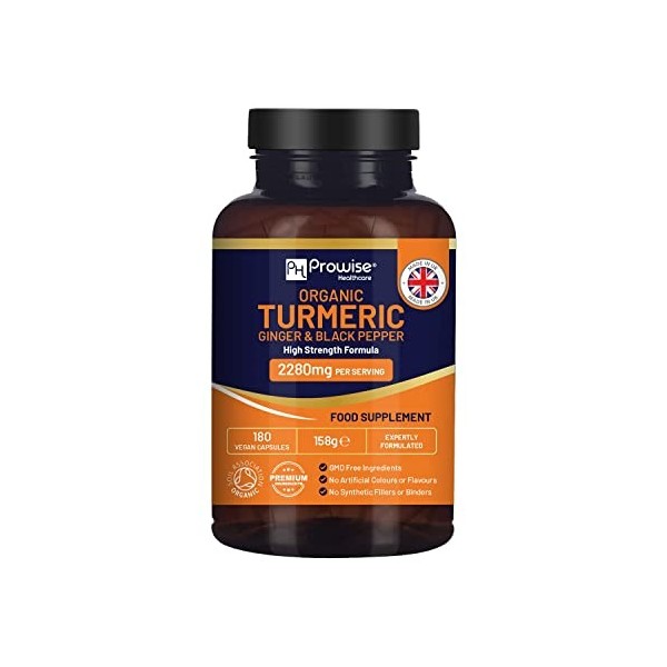 Curcuma bio 2280 mg haute résistance avec poivre noir et gingembre - 180 capsules de curcuma végétaliennes avec ingrédient 