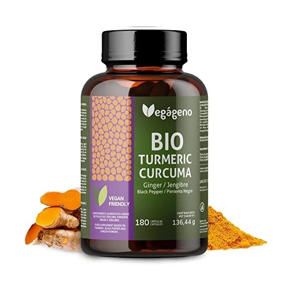 CURCUMA BIO 180 gélules au Gingembre et Poivre Noir 100% BIO ECOLOGIQUE.Haute concentration. Curcumine dabsorption maximale.