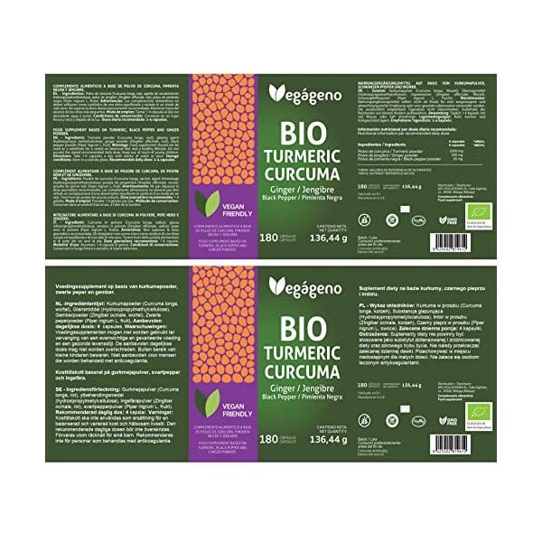 CURCUMA BIO 180 gélules au Gingembre et Poivre Noir 100% BIO ECOLOGIQUE.Haute concentration. Curcumine dabsorption maximale.