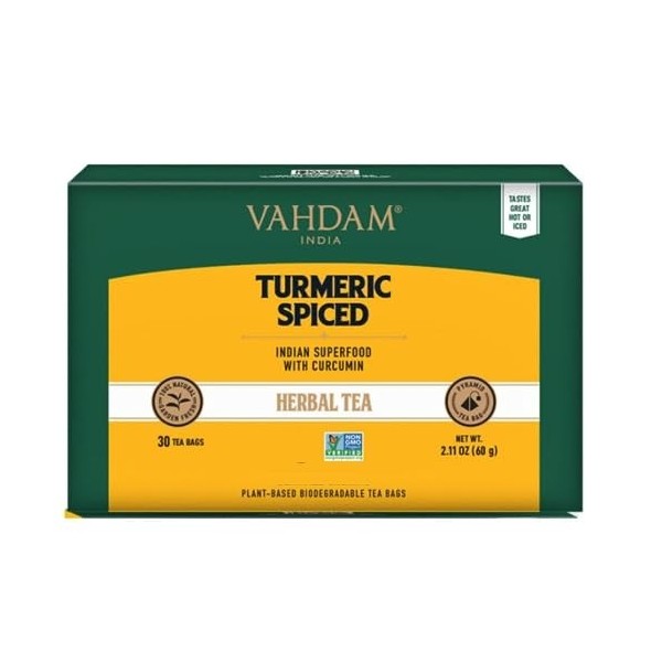 VAHDAM, Tisane Curcuma 30 Sachets | LAURÉAT SOFI | Immunitaire | Mélange de Poudre de Curcuma & dÉpices Fraîches | Thé Cur