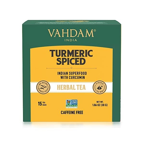 VAHDAM, Tisane Curcuma 15 Sachets | LAURÉAT SOFI | Mélange de Poudre de Curcuma & dÉpices Fraîches | Curcuma Naturel