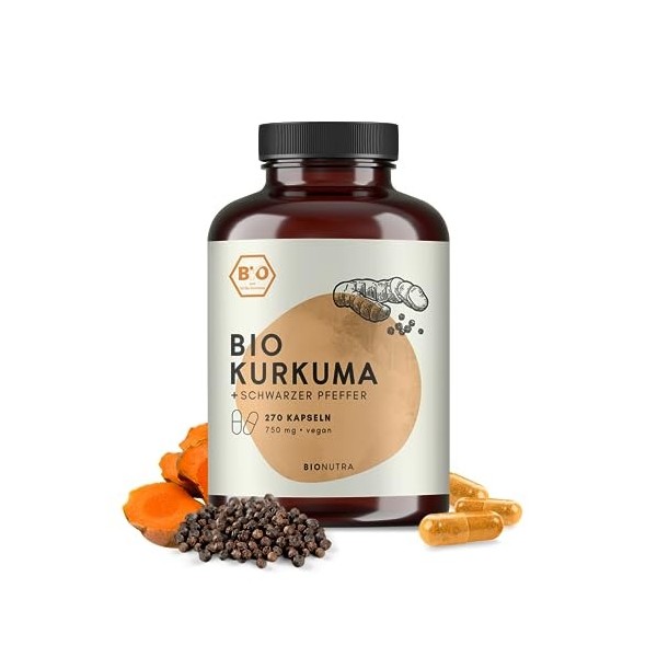 BIONUTRA® Curcuma bio | en gélules | 270 x 750 mg | Agriculture biologique | enrichi en poivre noir | Végan | Curcumine + Pip