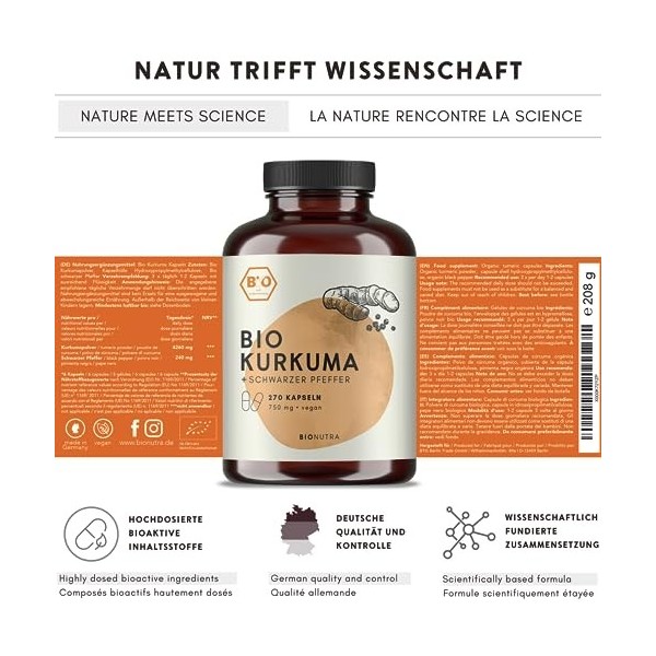 BIONUTRA® Curcuma bio | en gélules | 270 x 750 mg | Agriculture biologique | enrichi en poivre noir | Végan | Curcumine + Pip