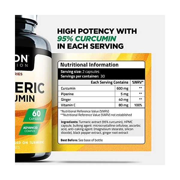 Capsules de Curcuma Puissant - 600 mg par Portion - 53% Plus d’Absorption Grâce à C-Perine - Micronisé Pour 5x Plus de Biodis