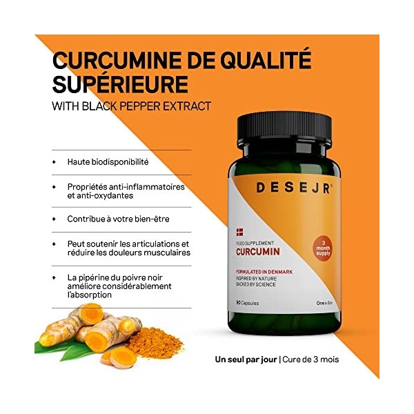 DESEJR Curcumine - 90 capsules 3 Mois , Soutient le Système Immunitaire et les Articulations, Propriétés Anti-inflammatoires