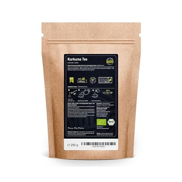 Biotiva Tisane de curcuma bio 250g - Racine de curcuma de haut de gamme séchée - Superfood - Conditionné et contrôlé en Allem