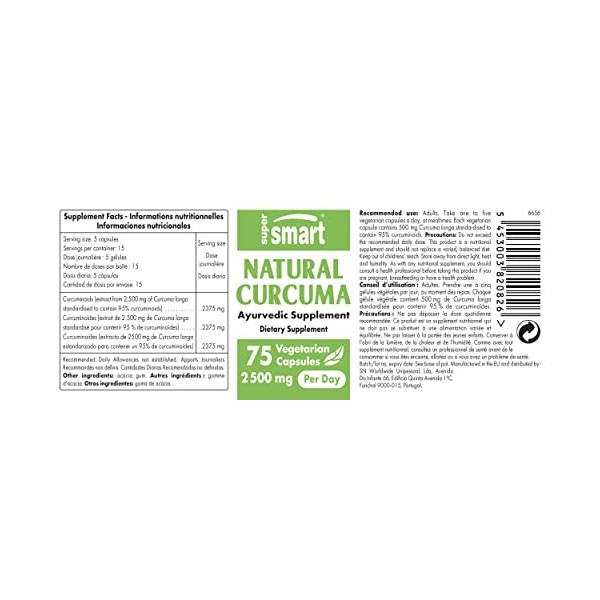 Curcuma Naturel 2500g par jour - Puissant Antioxydant - Propriétés Anti-Inflammatoire et Immunitaires - Normalisé à 95% de cu