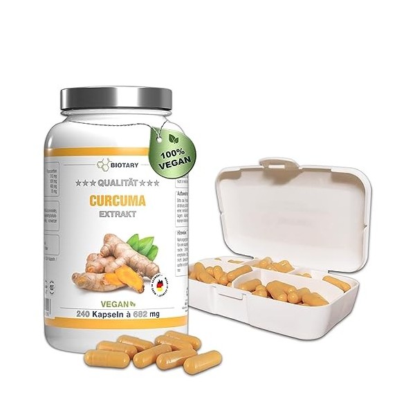 Extrait de Curcuma - 240 gélules - Teneur en curcumine équivalent à 17 500 mg de Curcuma - 4 mois de stock - Pilulier inclus 