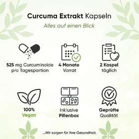 Extrait de Curcuma - 240 gélules - Teneur en curcumine équivalent à 17 500 mg de Curcuma - 4 mois de stock - Pilulier inclus 