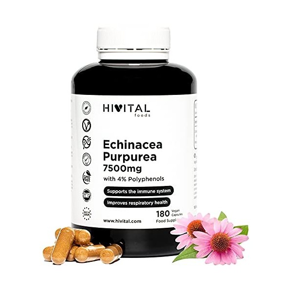 Echinacea Purpurea 7500 mg. 180 gélules végétaliennes pour 6 mois. Aider à traiter les problèmes respiratoires, les infection