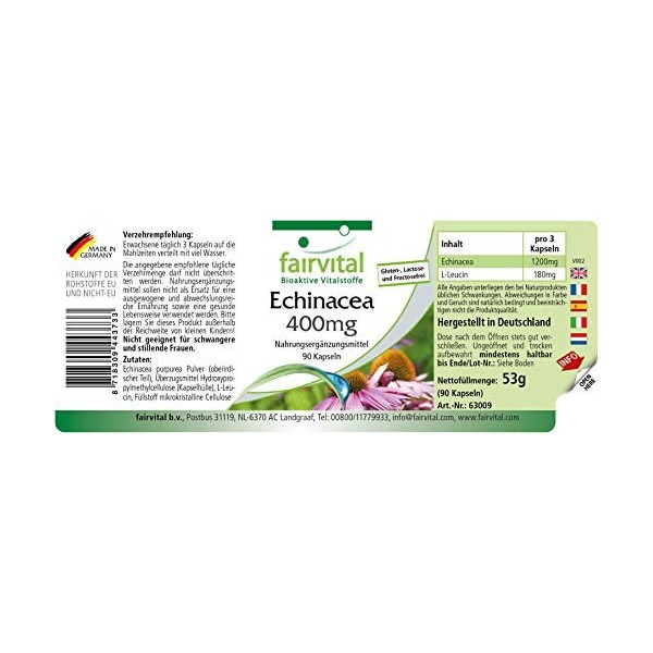 Fairvital | Echinacea 400mg VEGAN - Fortement dosé - 90 capsules - Echinacea purpurea