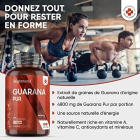Guarana Pur Fort 4800mg par Portion Extrait 10:1-180 Gélules Riches en Caféine - Guarana Puissant Vegan 3 Mois - Riche en Vit