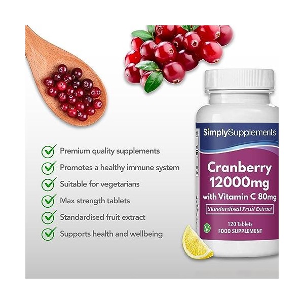 Canneberge 12000mg et Vitamine C 80mg | 120 Comprimés | Adapté aux Végétaliens | Jusqu’à 2 mois de Bienfaits| SimplySupplemen