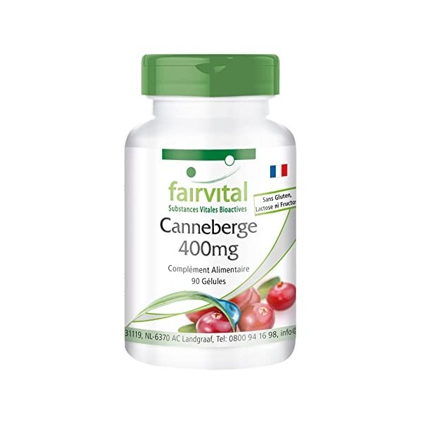 Fairvital | Cranberry 400mg - fortement dosé - VEGAN - extrait de Canneberge 25:1 avec 30000mg de Canneberge - 90 gélules -