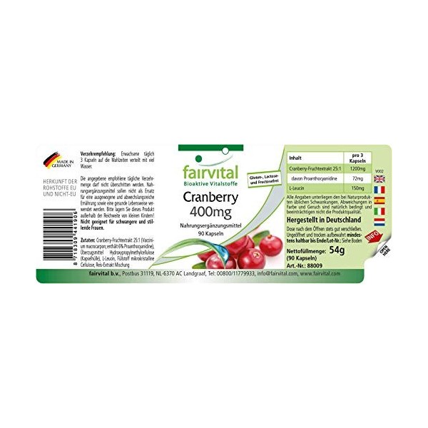 Fairvital | Cranberry 400mg - fortement dosé - VEGAN - extrait de Canneberge 25:1 avec 30000mg de Canneberge - 90 gélules -