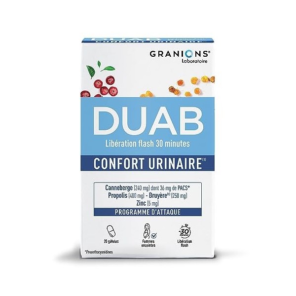 GRANIONS Duab Inconfort urinaire et Bien-Être Féminin Canneberge, Propolis, Zinc Formule Brevetée Marque Française 20 Gélules