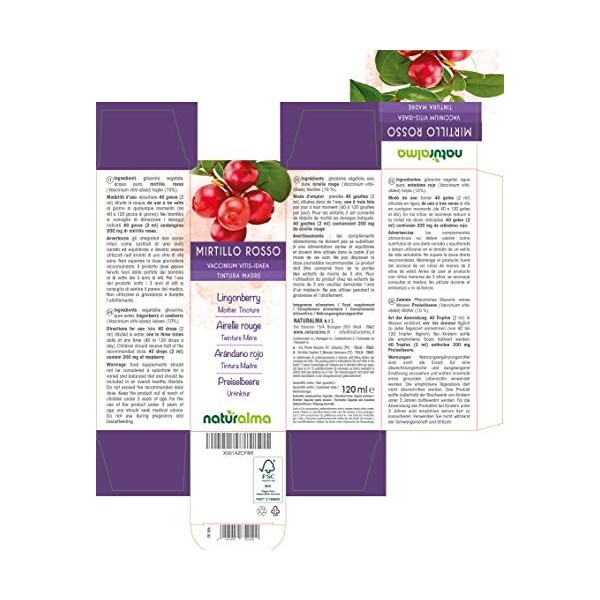Airelle rouge Vaccinium vitis-idaea feuilles Teinture Mère sans alcool Naturalma | Extrait liquide gouttes 120 ml | Complém