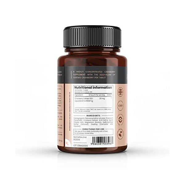 EXTRAIT DE CANNEBERGE ULTRA CONCENTRÉ 1000 mg x 360 COMPRIMÉS 2 bouteilles de 180 comprimés – 1 AN DE STOCK ! SKU: CRAN3x2