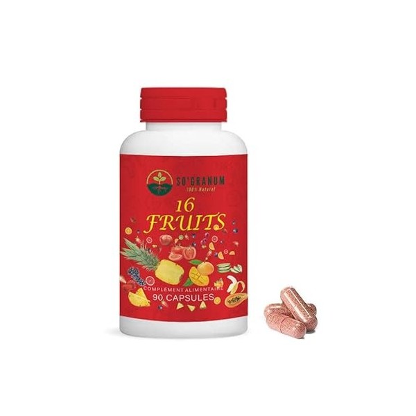 16 Fruits en capsule | Complément de fruit BIO | 90 Capsules besoin journalier |ALOEVERA ANANAS BANANE CANNEBERGE CITRON CERI